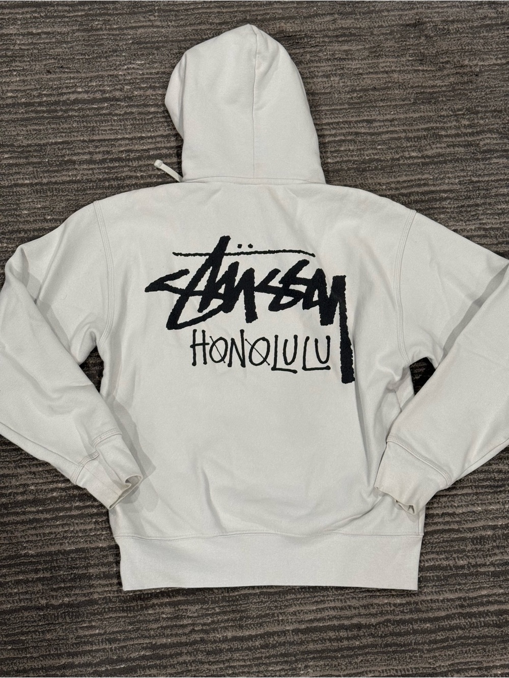 Stussy White Crewneck Hoodie with Black Honolulu Graphic